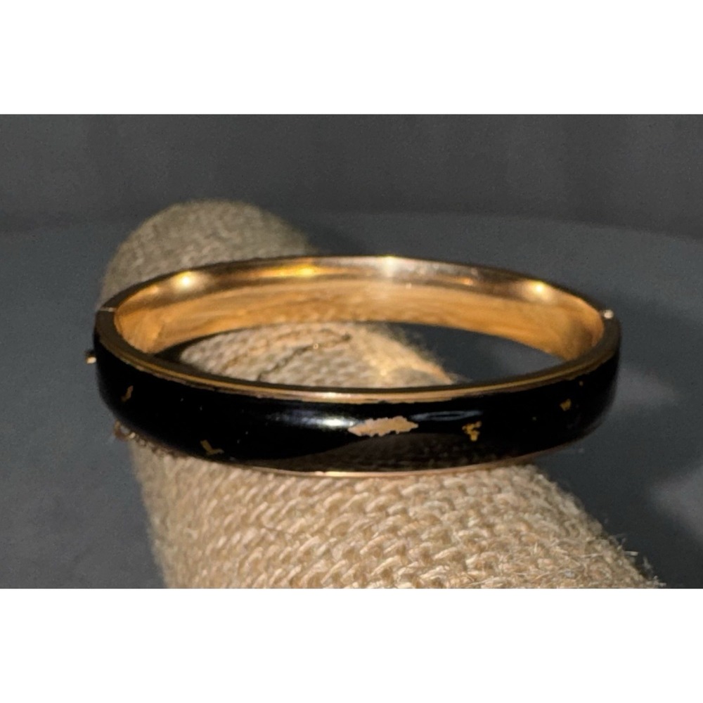 Vtg 10k Gold Filled Black Enamel Hinged Bangle Dunn Bros Floral Bracelet 15g - Picture 4 of 15